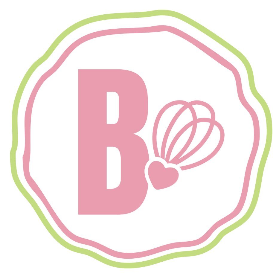Bakeaholic logo with a pink B and heart-shaped whisk